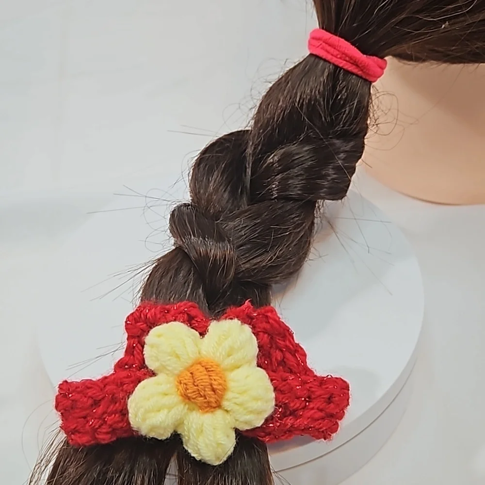 Hand Crafted Hand Knit Crochet Bow Hair Clip Red & Yellow puffy crocheted flower